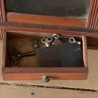 LOT 436: Antique Victorian Wood Wall Clock with Side Mirror and Shelves and Lower Drawer w/ Keys