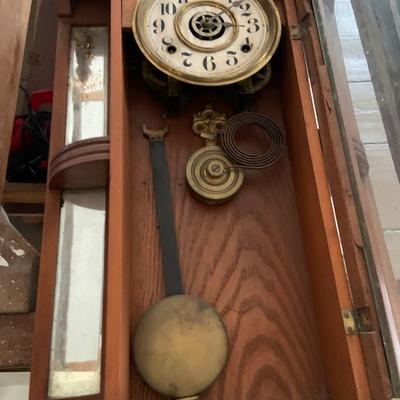 LOT 436: Antique Victorian Wood Wall Clock with Side Mirror and Shelves and Lower Drawer w/ Keys
