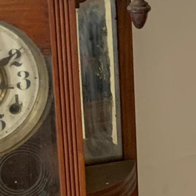 LOT 436: Antique Victorian Wood Wall Clock with Side Mirror and Shelves and Lower Drawer w/ Keys