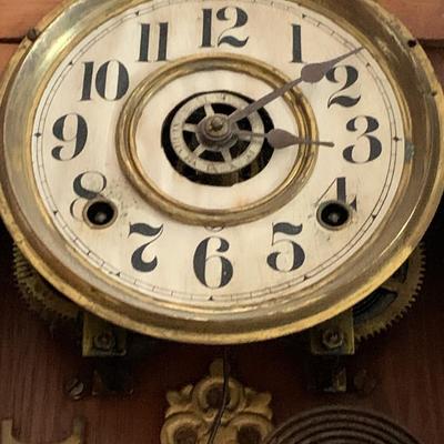LOT 436: Antique Victorian Wood Wall Clock with Side Mirror and Shelves and Lower Drawer w/ Keys