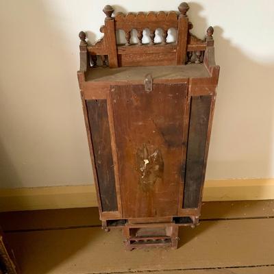 LOT 436: Antique Victorian Wood Wall Clock with Side Mirror and Shelves and Lower Drawer w/ Keys