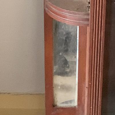 LOT 436: Antique Victorian Wood Wall Clock with Side Mirror and Shelves and Lower Drawer w/ Keys