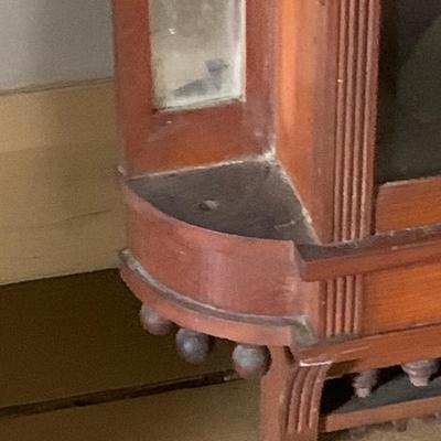 LOT 436: Antique Victorian Wood Wall Clock with Side Mirror and Shelves and Lower Drawer w/ Keys