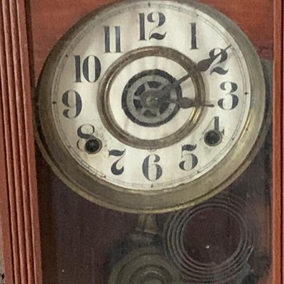 LOT 436: Antique Victorian Wood Wall Clock with Side Mirror and Shelves and Lower Drawer w/ Keys
