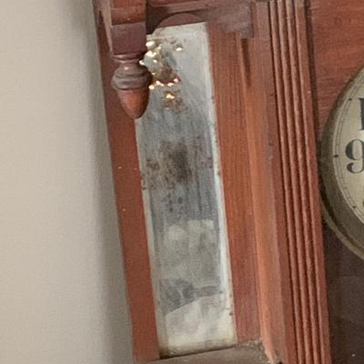 LOT 436: Antique Victorian Wood Wall Clock with Side Mirror and Shelves and Lower Drawer w/ Keys