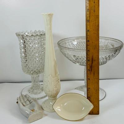 LOT439: Lenox Bud Vase and Small Gold Rimmed Lemon Shaped Nut Bowl, Crystal Compote and More