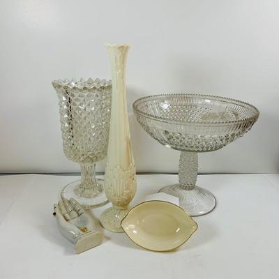 LOT439: Lenox Bud Vase and Small Gold Rimmed Lemon Shaped Nut Bowl, Crystal Compote and More