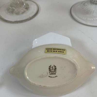 LOT439: Lenox Bud Vase and Small Gold Rimmed Lemon Shaped Nut Bowl, Crystal Compote and More