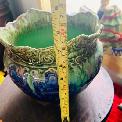 LOT 440: Handcrafted Wood Pedestal Table/Plant Holder with a Ceramic Multicolored Planter