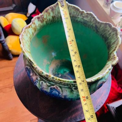 LOT 440: Handcrafted Wood Pedestal Table/Plant Holder with a Ceramic Multicolored Planter