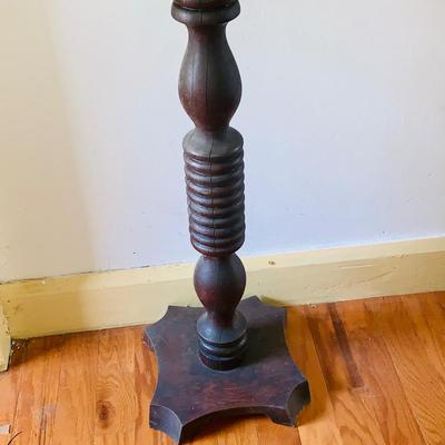 LOT 440: Handcrafted Wood Pedestal Table/Plant Holder with a Ceramic Multicolored Planter