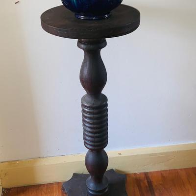 LOT 440: Handcrafted Wood Pedestal Table/Plant Holder with a Ceramic Multicolored Planter
