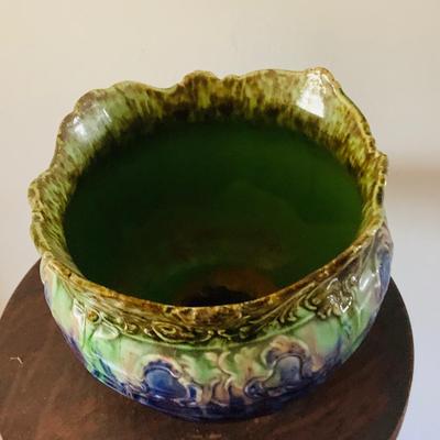 LOT 440: Handcrafted Wood Pedestal Table/Plant Holder with a Ceramic Multicolored Planter