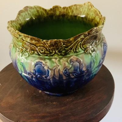 LOT 440: Handcrafted Wood Pedestal Table/Plant Holder with a Ceramic Multicolored Planter