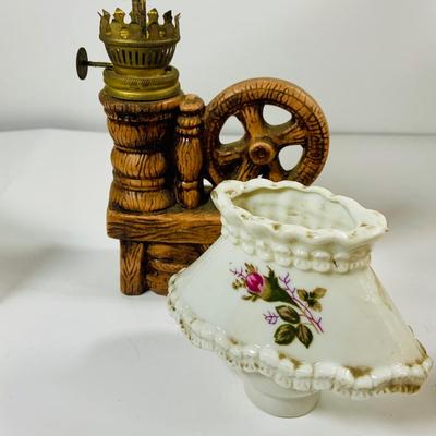 LOT441: Americana Collection Including 2 Cast Iron Miniature Cast Iron Pot Belly Stoves, a Ceramic Spinning Wheel Oil Lamp, Ceramic Owl,...