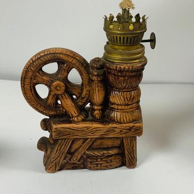 LOT441: Americana Collection Including 2 Cast Iron Miniature Cast Iron Pot Belly Stoves, a Ceramic Spinning Wheel Oil Lamp, Ceramic Owl,...