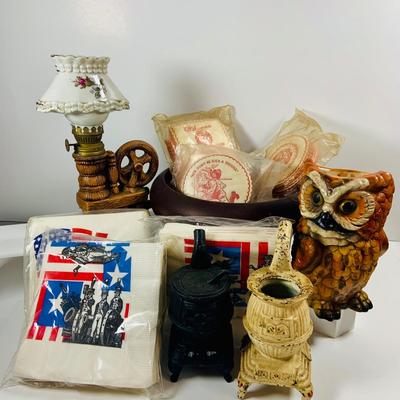LOT441: Americana Collection Including 2 Cast Iron Miniature Cast Iron Pot Belly Stoves, a Ceramic Spinning Wheel Oil Lamp, Ceramic Owl,...