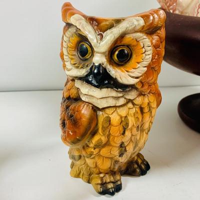 LOT441: Americana Collection Including 2 Cast Iron Miniature Cast Iron Pot Belly Stoves, a Ceramic Spinning Wheel Oil Lamp, Ceramic Owl,...