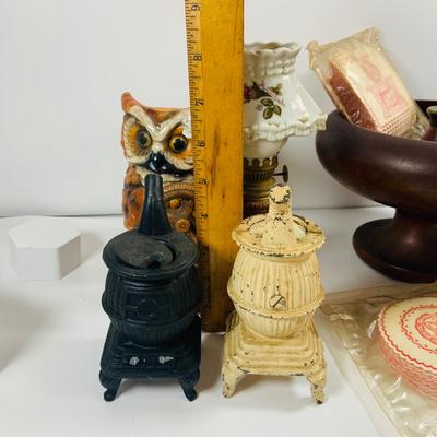 LOT441: Americana Collection Including 2 Cast Iron Miniature Cast Iron Pot Belly Stoves, a Ceramic Spinning Wheel Oil Lamp, Ceramic Owl,...