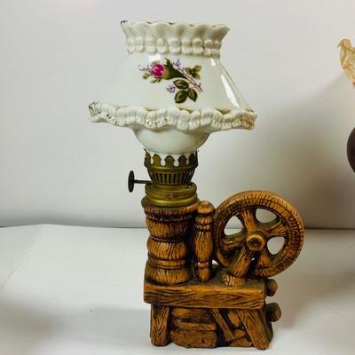 LOT441: Americana Collection Including 2 Cast Iron Miniature Cast Iron Pot Belly Stoves, a Ceramic Spinning Wheel Oil Lamp, Ceramic Owl,...