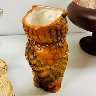 LOT441: Americana Collection Including 2 Cast Iron Miniature Cast Iron Pot Belly Stoves, a Ceramic Spinning Wheel Oil Lamp, Ceramic Owl,...