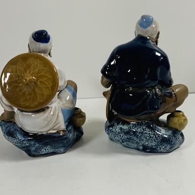 LOT 442: Asian Inspired Collection Including 3 Shiwan Ceramic Fishermen, 2 Beautiful Japanese Silk Landscapes and More