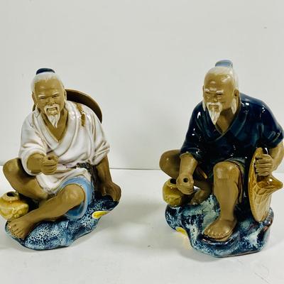 LOT 442: Asian Inspired Collection Including 3 Shiwan Ceramic Fishermen, 2 Beautiful Japanese Silk Landscapes and More