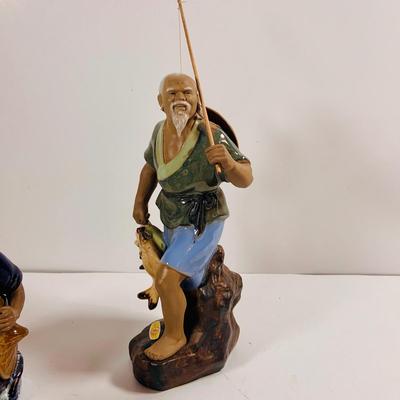 LOT 442: Asian Inspired Collection Including 3 Shiwan Ceramic Fishermen, 2 Beautiful Japanese Silk Landscapes and More