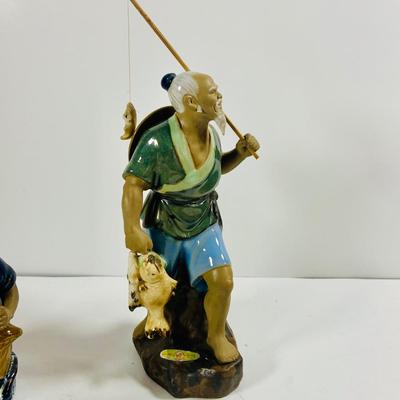 LOT 442: Asian Inspired Collection Including 3 Shiwan Ceramic Fishermen, 2 Beautiful Japanese Silk Landscapes and More