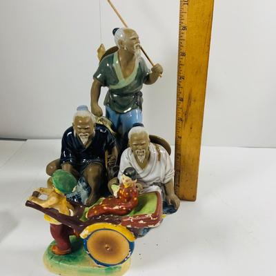 LOT 442: Asian Inspired Collection Including 3 Shiwan Ceramic Fishermen, 2 Beautiful Japanese Silk Landscapes and More