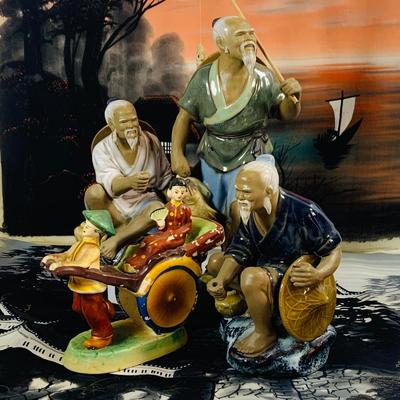 LOT 442: Asian Inspired Collection Including 3 Shiwan Ceramic Fishermen, 2 Beautiful Japanese Silk Landscapes and More