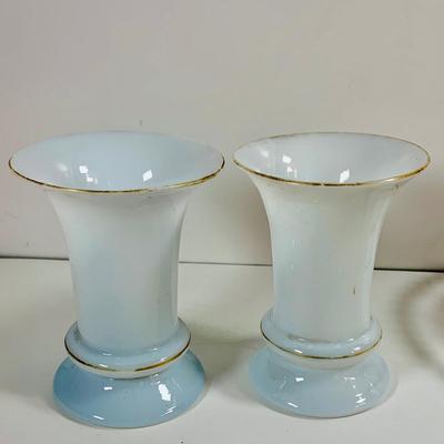 LOT 443: Pilgram Glass Whale, Imperial Glass Covered Candy Dish, Mid Century Small Striped Glass Vases, and More