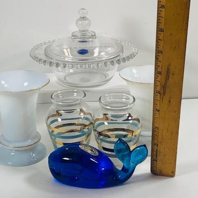 LOT 443: Pilgram Glass Whale, Imperial Glass Covered Candy Dish, Mid Century Small Striped Glass Vases, and More