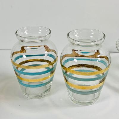 LOT 443: Pilgram Glass Whale, Imperial Glass Covered Candy Dish, Mid Century Small Striped Glass Vases, and More