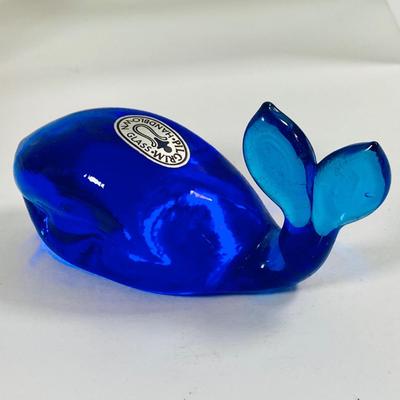 LOT 443: Pilgram Glass Whale, Imperial Glass Covered Candy Dish, Mid Century Small Striped Glass Vases, and More