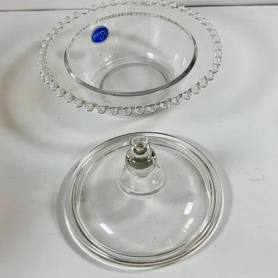 LOT 443: Pilgram Glass Whale, Imperial Glass Covered Candy Dish, Mid Century Small Striped Glass Vases, and More