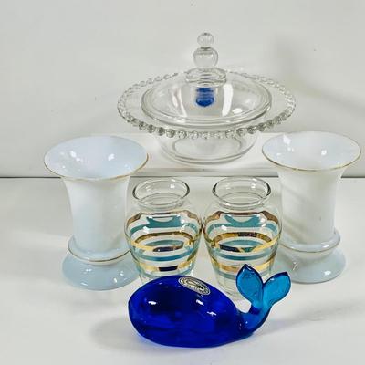 LOT 443: Pilgram Glass Whale, Imperial Glass Covered Candy Dish, Mid Century Small Striped Glass Vases, and More