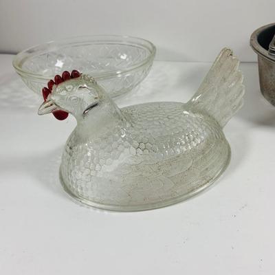 LOT444: Vintage Uranium Glass Measuring Cup, Mini Wood Rolling Pins, Mini Cake Pans, Mini Bunt Cake Pans and a Glass Hen on a Nest