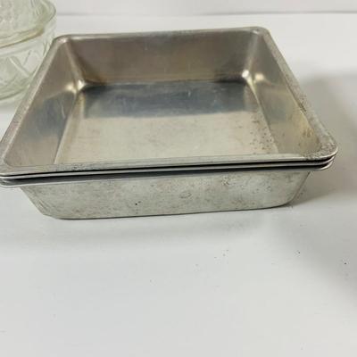 LOT444: Vintage Uranium Glass Measuring Cup, Mini Wood Rolling Pins, Mini Cake Pans, Mini Bunt Cake Pans and a Glass Hen on a Nest