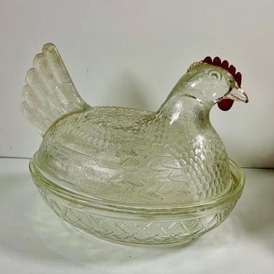 LOT444: Vintage Uranium Glass Measuring Cup, Mini Wood Rolling Pins, Mini Cake Pans, Mini Bunt Cake Pans and a Glass Hen on a Nest