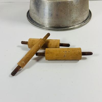 LOT444: Vintage Uranium Glass Measuring Cup, Mini Wood Rolling Pins, Mini Cake Pans, Mini Bunt Cake Pans and a Glass Hen on a Nest