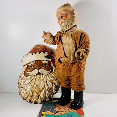 LOT 445: Vintage/Antique Composite Santa Doll, Handcrafted Wood Santa Face and a Vintage Santa Booklet