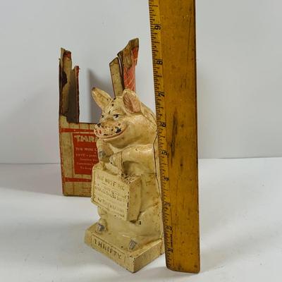 LOT446: Vintage Thrifty the Pig Cast Iron Piggy Bank with Original Box