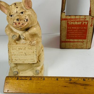 LOT446: Vintage Thrifty the Pig Cast Iron Piggy Bank with Original Box