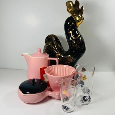 LOT:449: Pink Melitta Coffee Maker/Pot with Lid, 2 Cronin Cameron Clay Pottery Pink French Casserole w/Black Lid (Only 1 Pictured) 2...