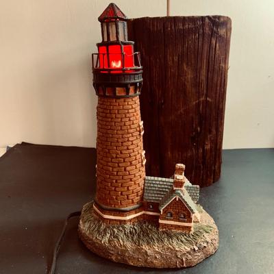 LOT450: Nautical Collection with Large Handcrafted Wooden Seagull on a Log, Wood Model Boat. Light-up Light House, Sea Shells and Kinetic...