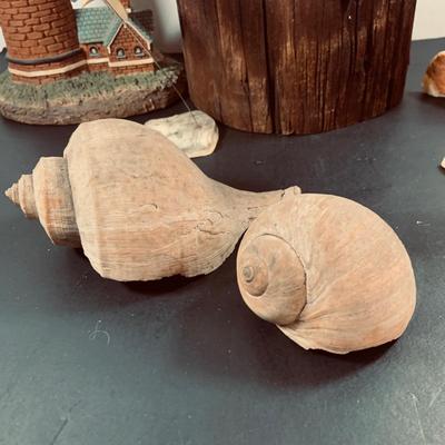 LOT450: Nautical Collection with Large Handcrafted Wooden Seagull on a Log, Wood Model Boat. Light-up Light House, Sea Shells and Kinetic...