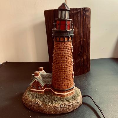 LOT450: Nautical Collection with Large Handcrafted Wooden Seagull on a Log, Wood Model Boat. Light-up Light House, Sea Shells and Kinetic...