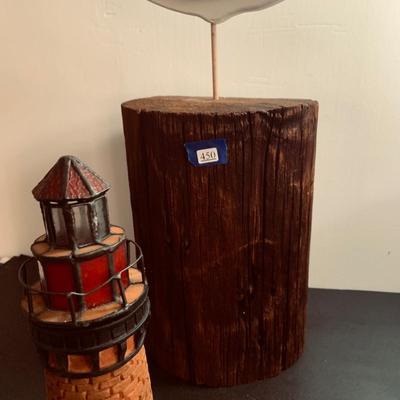 LOT450: Nautical Collection with Large Handcrafted Wooden Seagull on a Log, Wood Model Boat. Light-up Light House, Sea Shells and Kinetic...