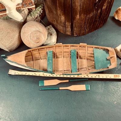 LOT450: Nautical Collection with Large Handcrafted Wooden Seagull on a Log, Wood Model Boat. Light-up Light House, Sea Shells and Kinetic...